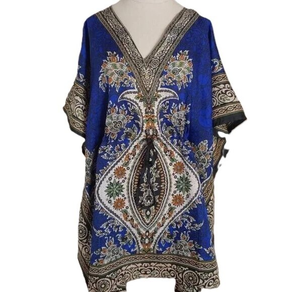 Vintage Dashiki Top African Tunic Blouse Shirt Tie Waist Swim Cover Boho - Picture 1 of 7